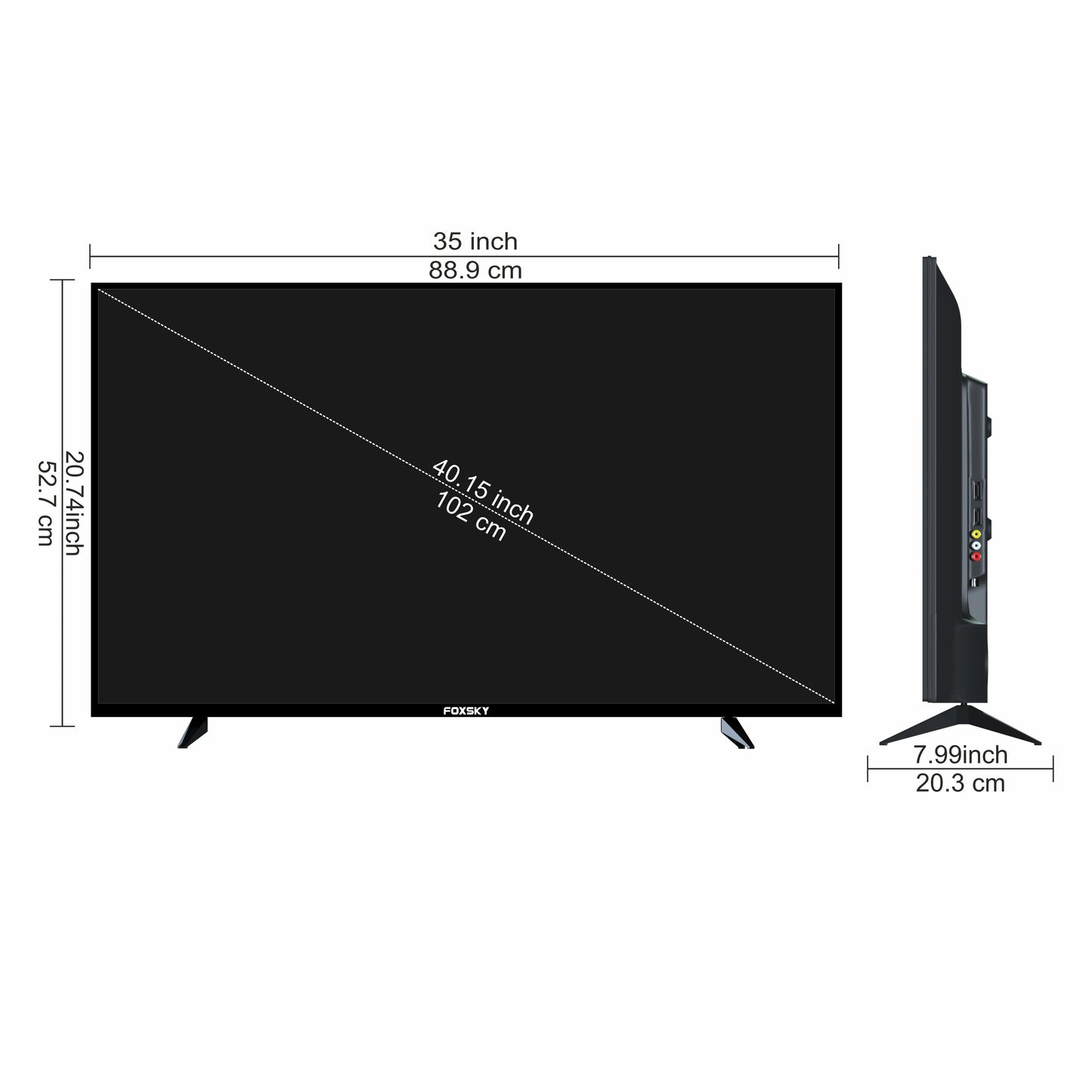 Black TV with dimensions labeled on a white background