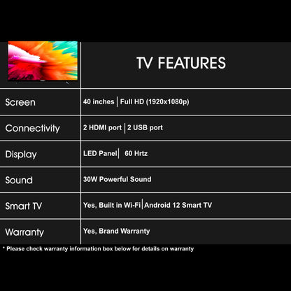TV features list with screen size, connectivity, display, sound, smart TV, and warranty details.