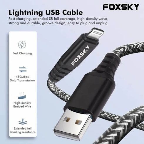 Foxsky Nylon Braided Lightning USB Syncing And Charging Cable For iPhone And iPad