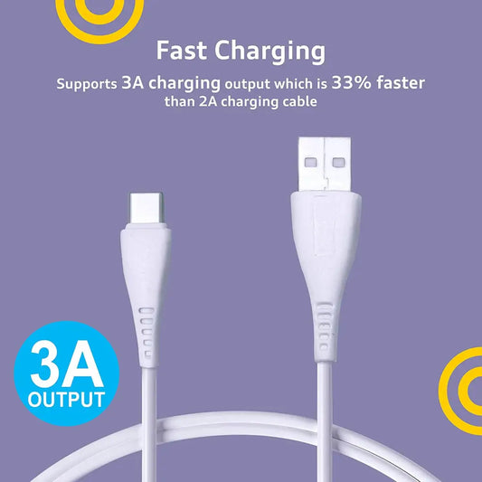 Foxsky Type C USB 3 Amp Fast Charging Data and Sync Cable Extra Tough Quick Charge 1.5M (White) Foxsky India